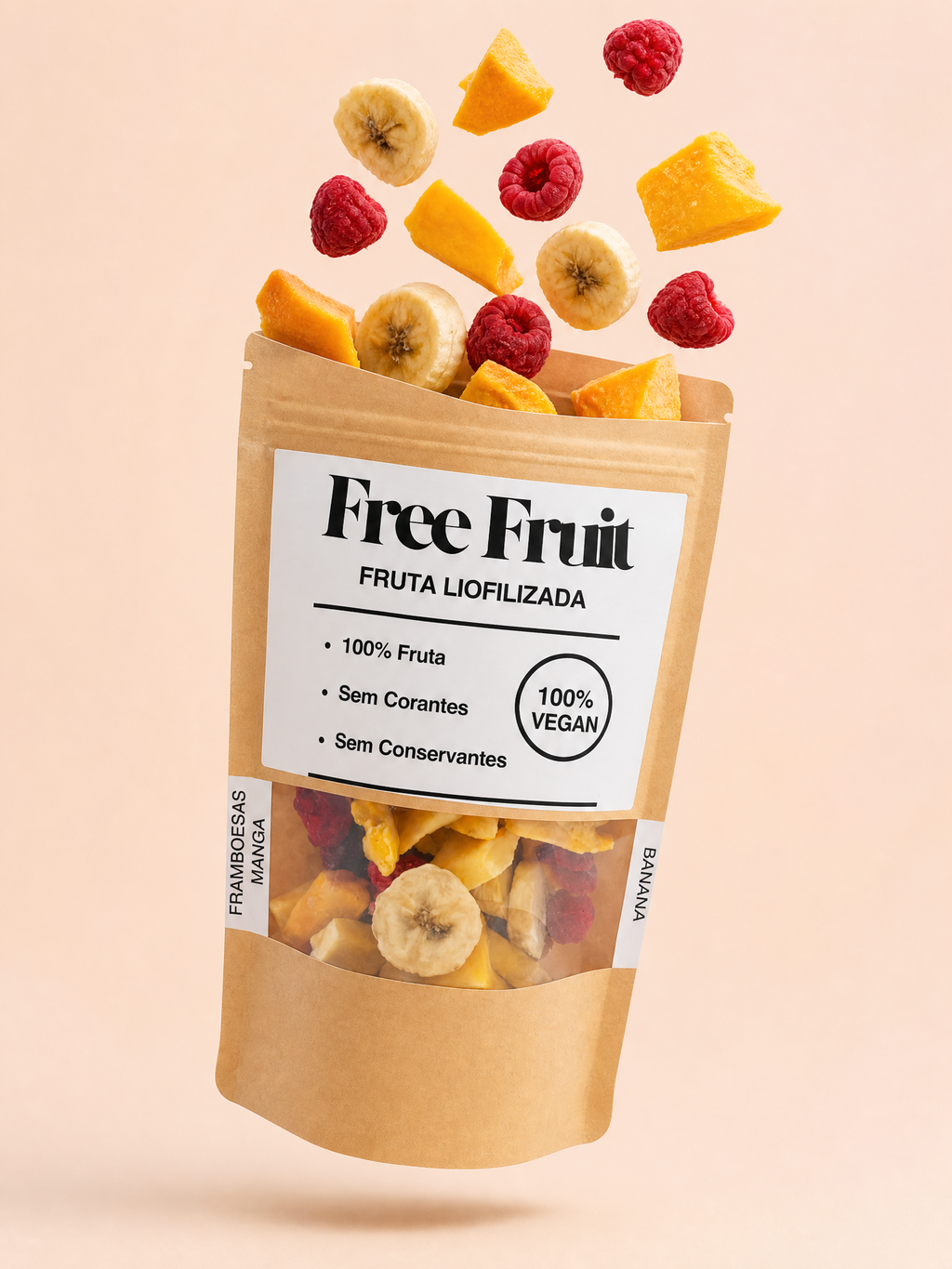 Embalagem aberta de banana, framboesa e manga liofilizados Free Fruit
