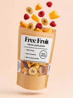 Embalagem aberta de banana, framboesa e manga liofilizados Free Fruit