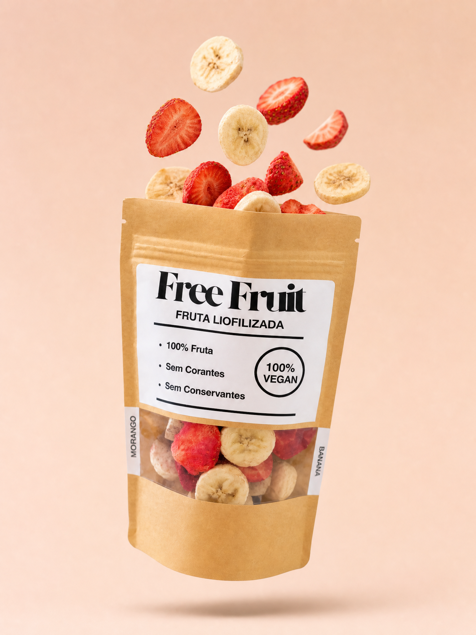 Embalagem aberta de banana e morango liofilizados Free Fruit 